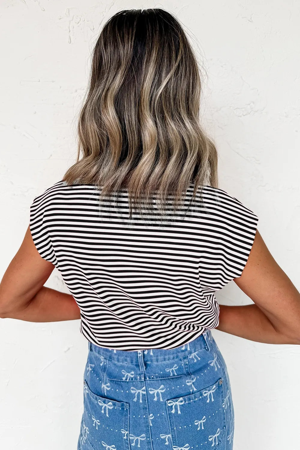Striped Round Neck Cap Sleeve T-Shirt