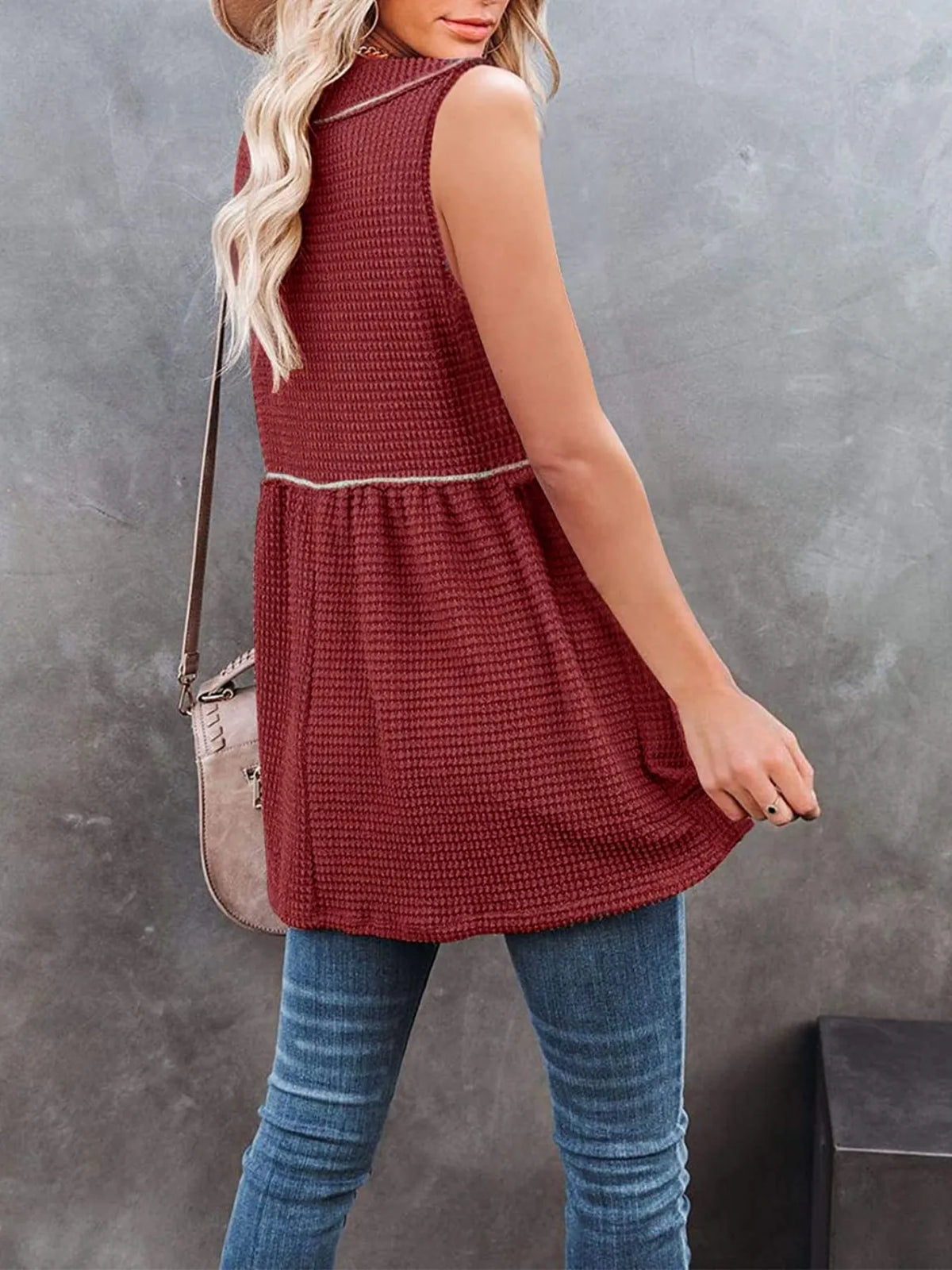 V-Neck Contrast Trim Waffle Knit Tank Top