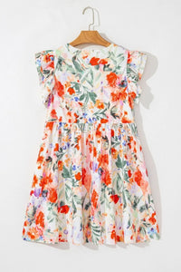 Floral Double Ruffle Sleeve V Neck Mini Dress