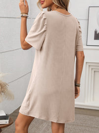 Textured Round Neck Short Sleeve Mini Dress