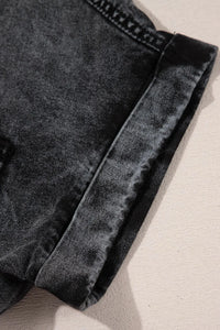 Short Sleeve Flap Pocket Button Up Raw Hem Denim Shirt
