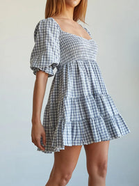 Ruffled Hem Plaid Half Sleeve Mini Dress