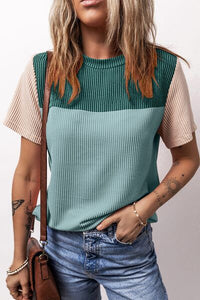 Color Block Round Neck Short Sleeve T-Shirt