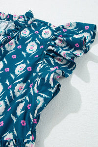 Printed Tie Neck Ruffled Cap Sleeve Dress