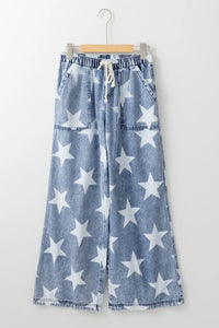 Star Print Washed Drawstring High Waist Wide Leg Jeans