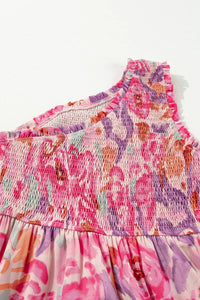 Floral Print Shirred One Shoulder Maxi Dress