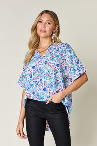 Full Size Printed V-Neck Short Sleeve Blouse