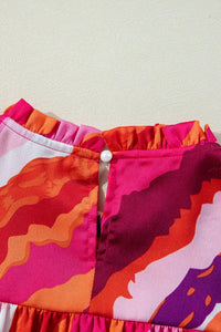 Abstract Print Shirred Yoke Ruffled Blouse