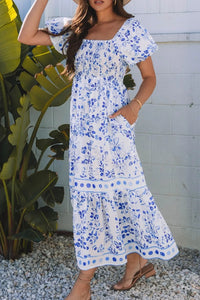 Smocked Printed Square Neck Puff Sleeve Dress