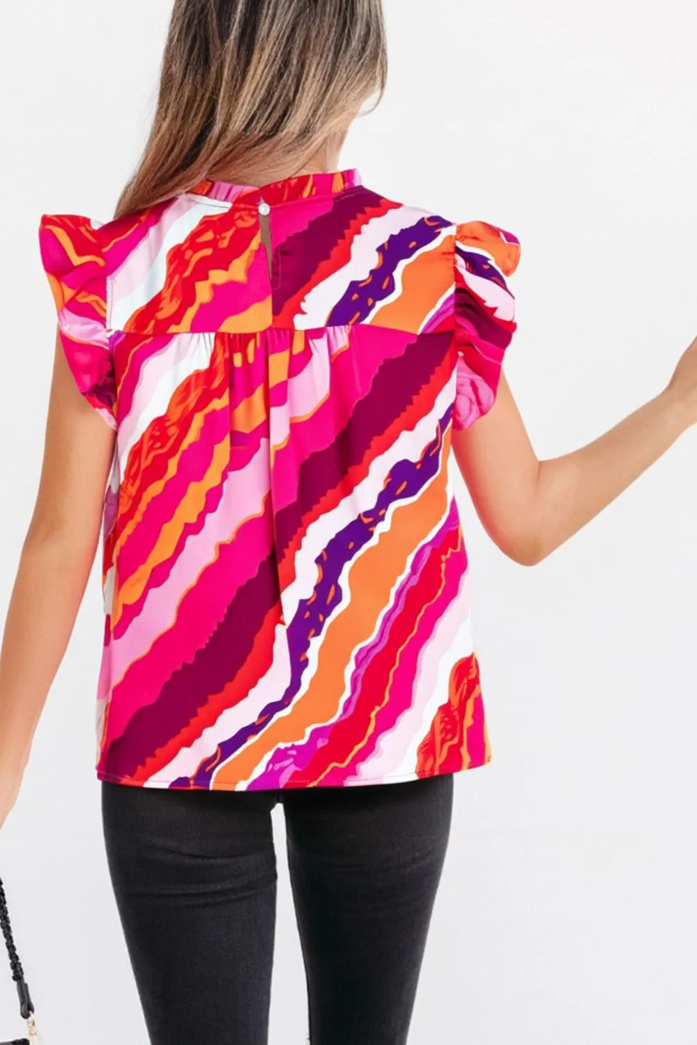 Abstract Print Shirred Yoke Ruffled Blouse