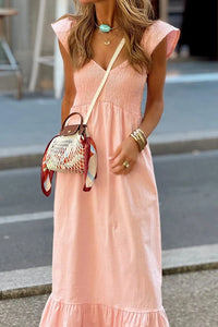 V Neck Ruffled Cap Sleeve Smocked Maxi Dress