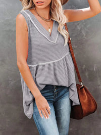 V-Neck Contrast Trim Waffle Knit Tank Top