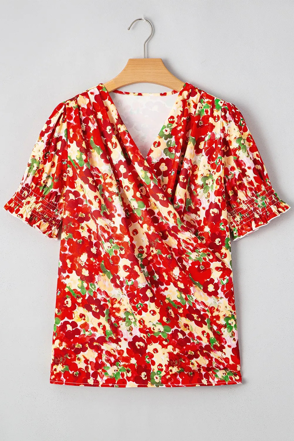 Floral Print Puff Sleeve Surplice Blouse