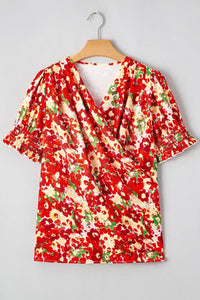 Floral Print Puff Sleeve Surplice Blouse