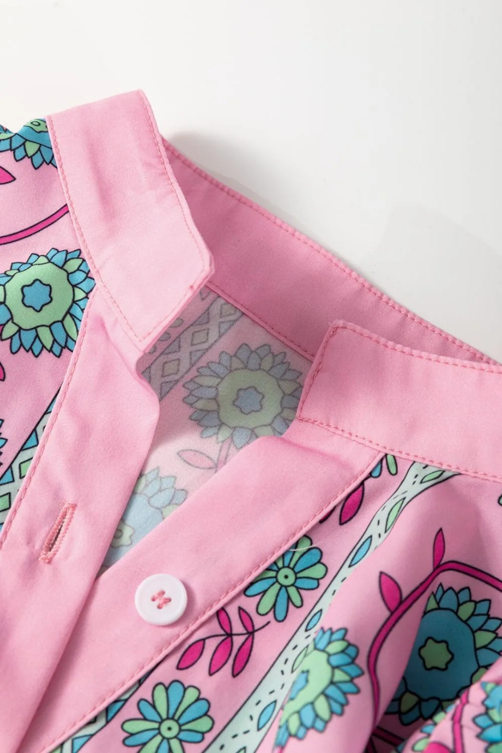 Printed Shirred Sleeve Buttoned Front Midi Dress with Sash