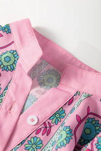 Printed Shirred Sleeve Buttoned Front Midi Dress with Sash