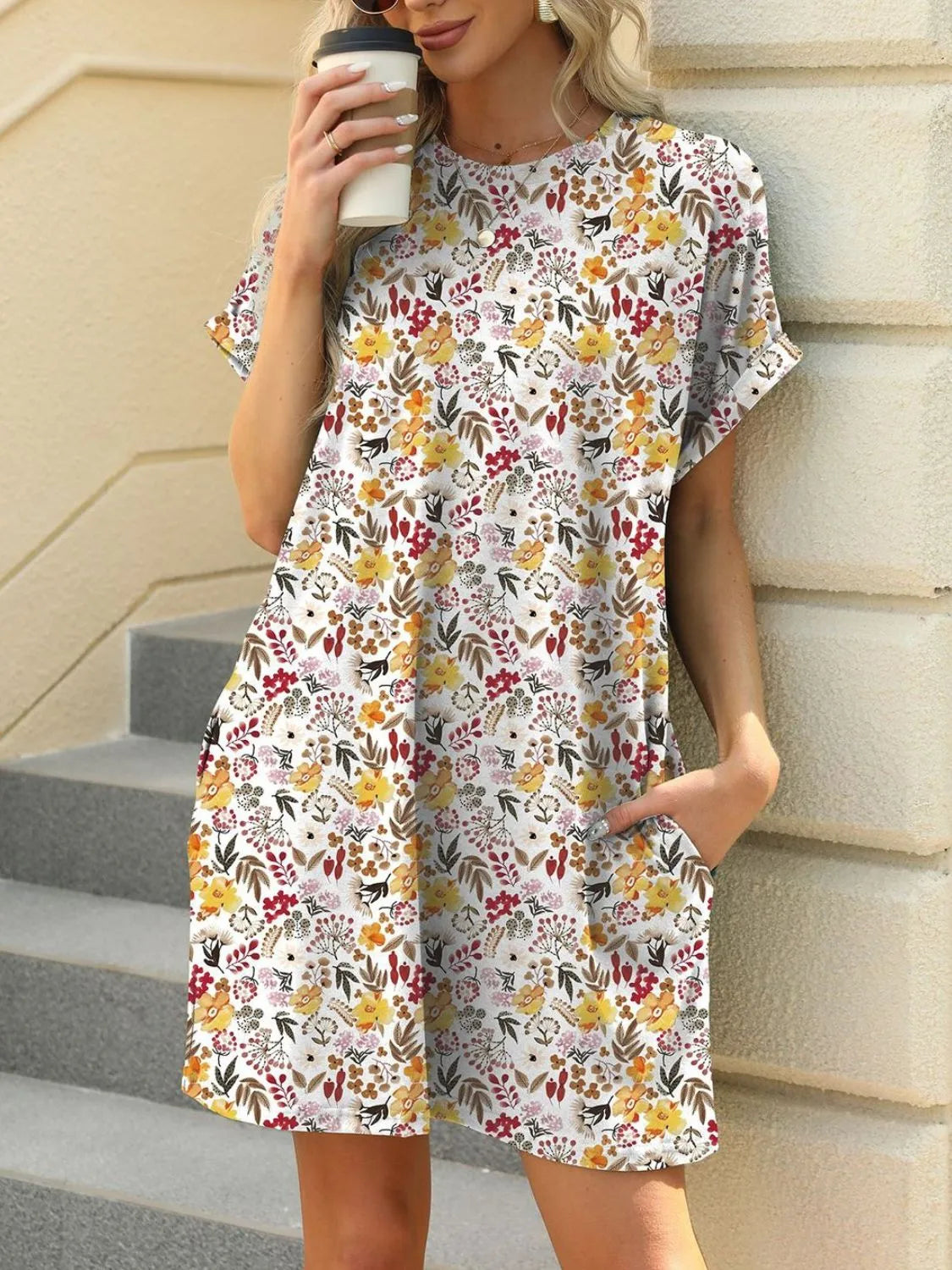 Printed Round Neck Short Sleeve Mini Dress