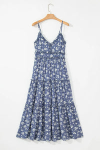 Floral Spaghetti Strap Frilled V Neck Tiered Midi Dress