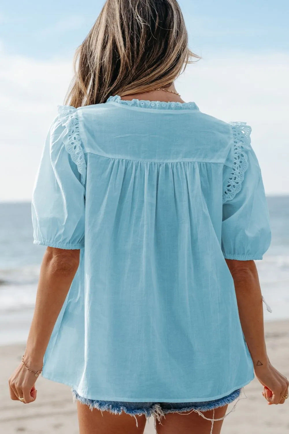 Eyelet Lace Trim Puff Sleeve Blouse