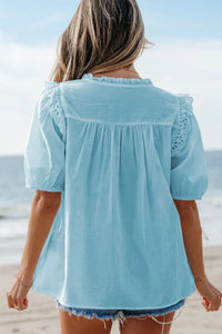 Eyelet Lace Trim Puff Sleeve Blouse