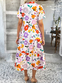 Devine Printed Johnny Collar Button Down Short Sleeve Midi Shirt Dress