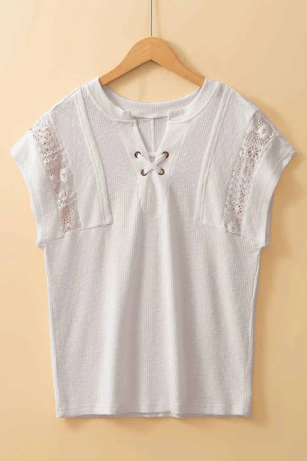 Ribbed Texture Lace Patchwork Short Sleeve Top