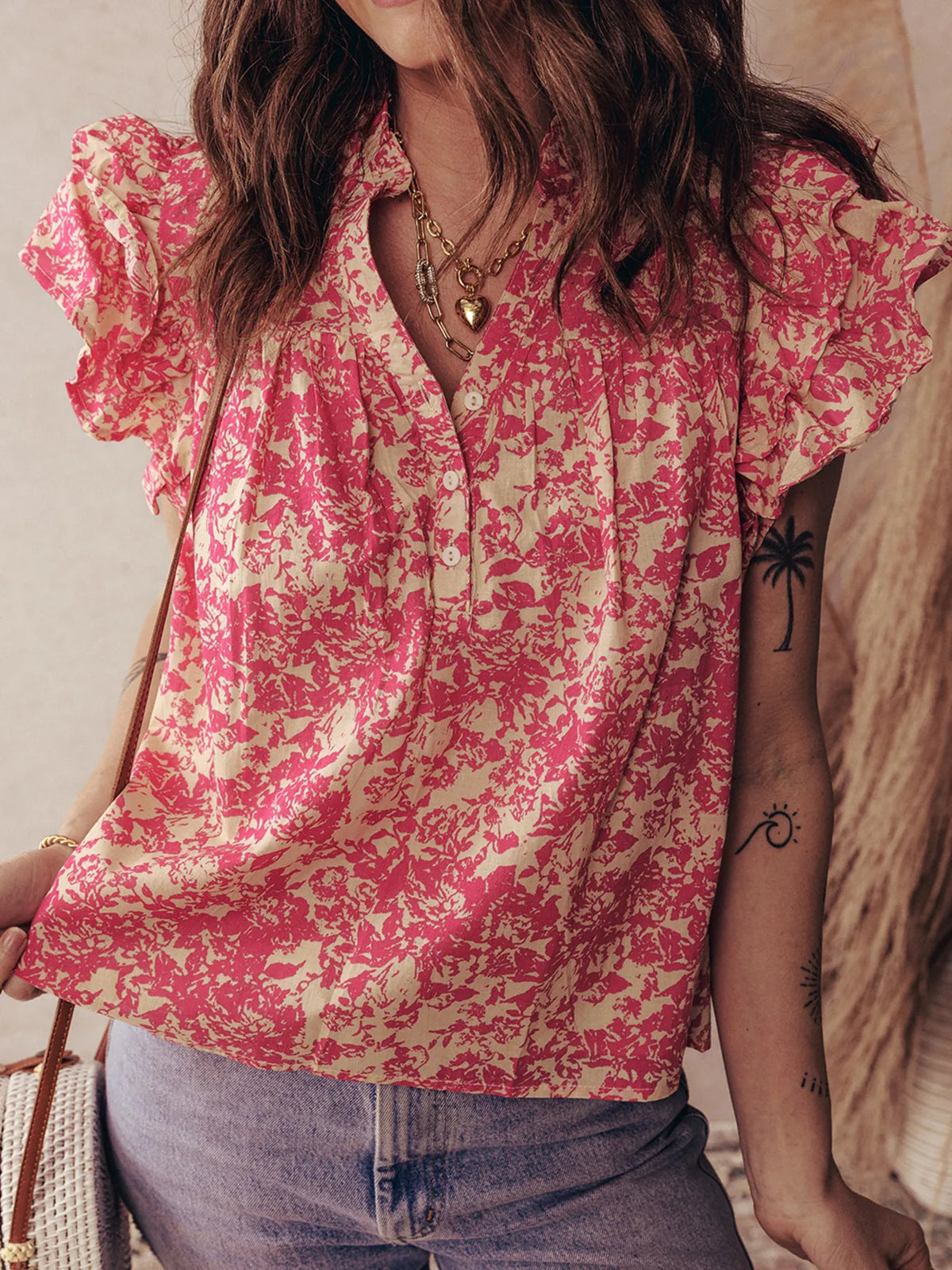 Printed Half Button Neck Ruffle Sleeve Blouse