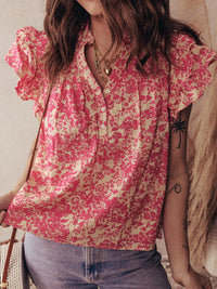 Printed Half Button Neck Ruffle Sleeve Blouse