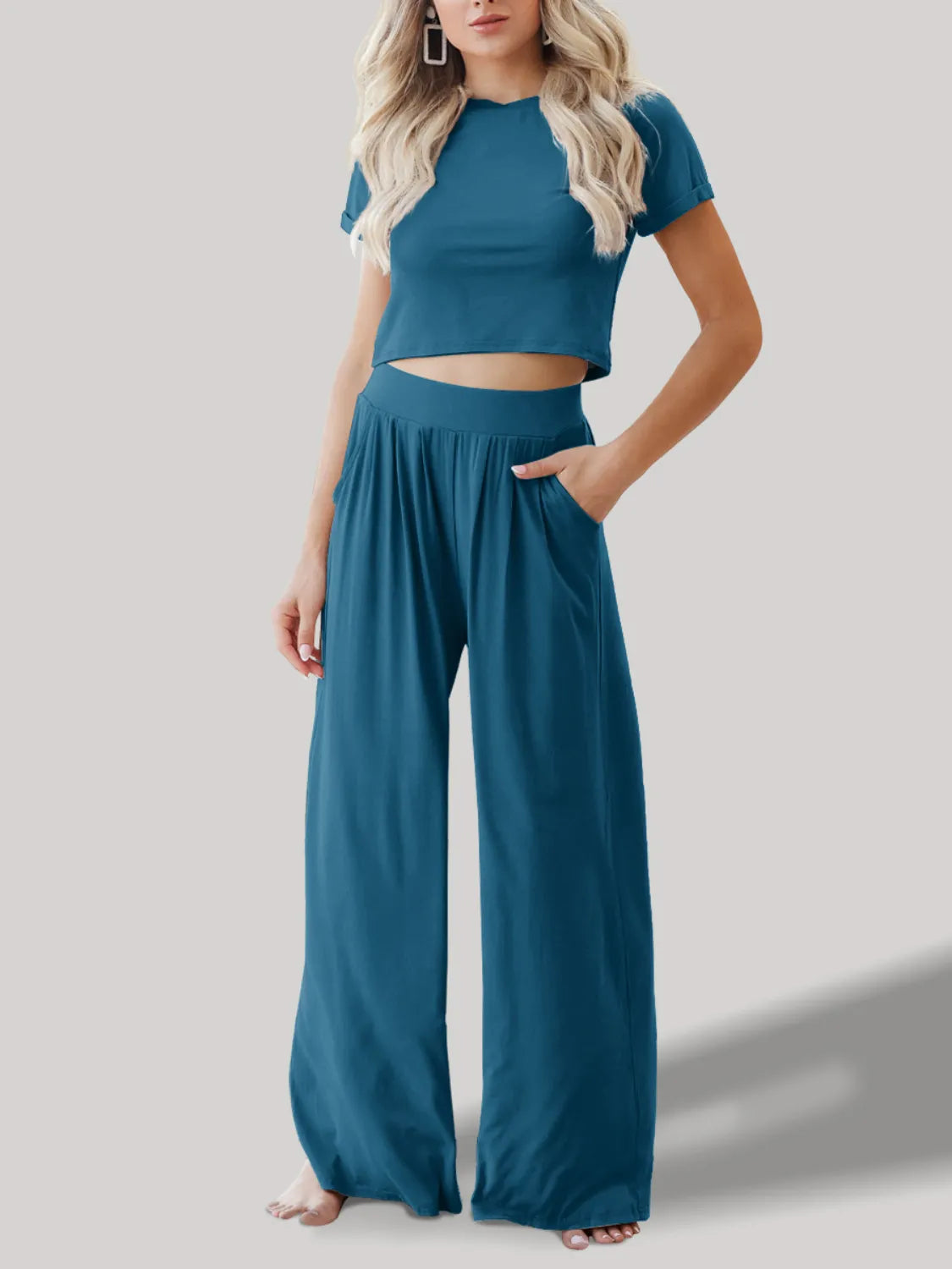 Round Neck Short Sleeve Top and Pants Set