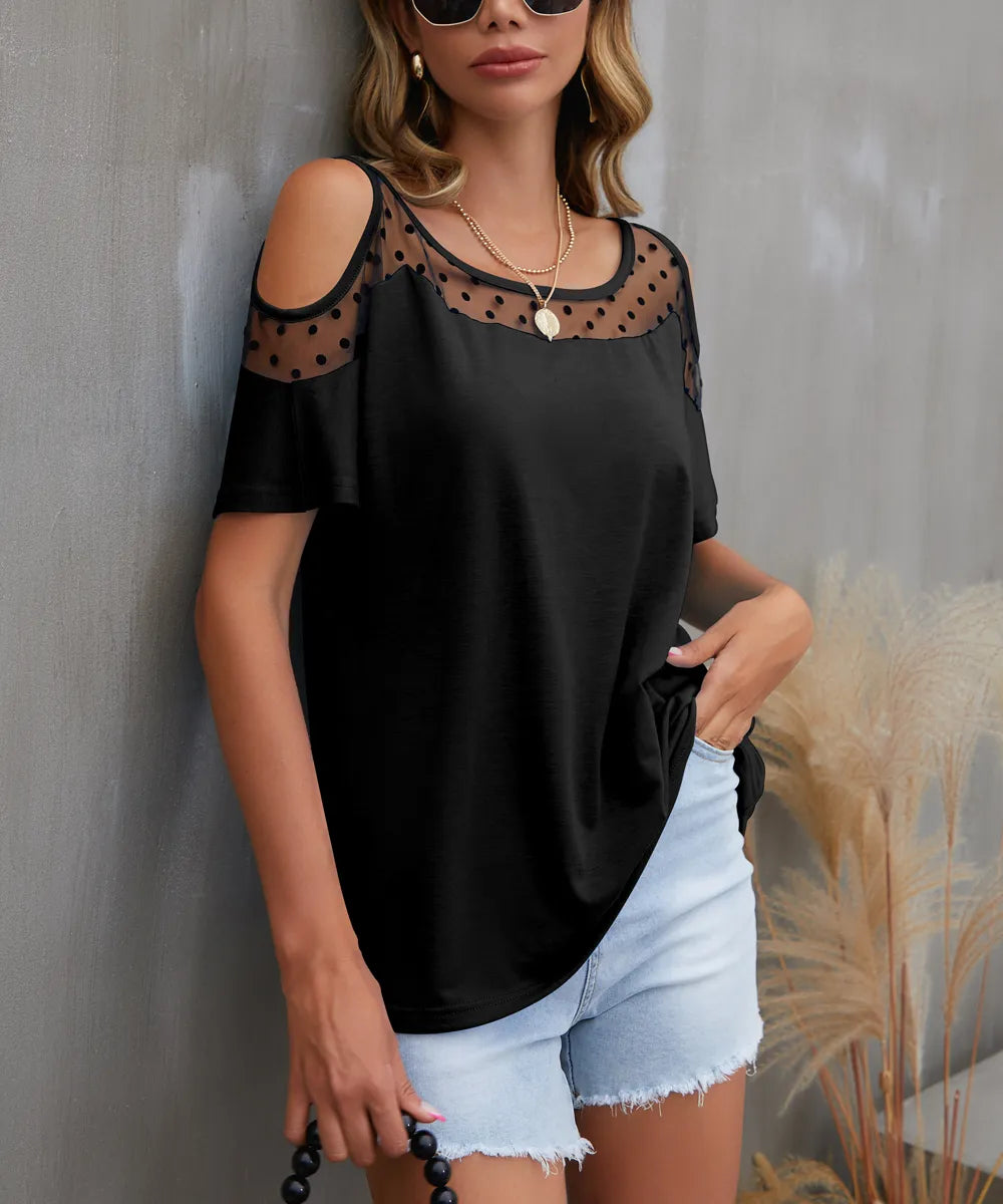 Cold Shoulder Mesh Polka Dot Top