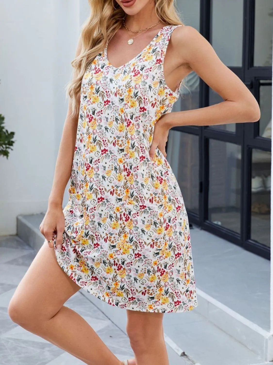 Printed V-Neck Sleeveless Mini Dress with Pockets