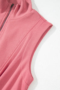 French Terry Zipped Collar Sleeveless Drawstring Waist Mini Dress