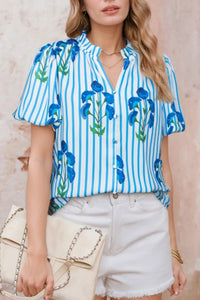 Stripe Floral Notched Neck Puff Sleeve Summer Blouse