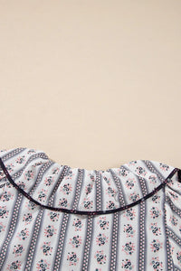 Floral Ruffled Collar Short Puff Sleeve Printed Blouse