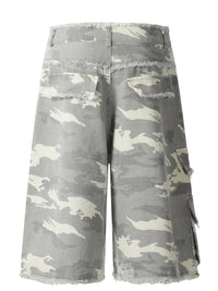 Men's Camouflage Denim Shorts with Raw Hem