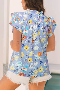 Printed Ruffle Cap Sleeve Notched Blouse