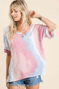 BiBi Tie Dye French Terry Top With Buttoned Placket