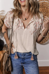 Geometric Embroidered Short Sleeve Tassel Tie Neck Blouse