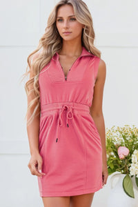 French Terry Zipped Collar Sleeveless Drawstring Waist Mini Dress