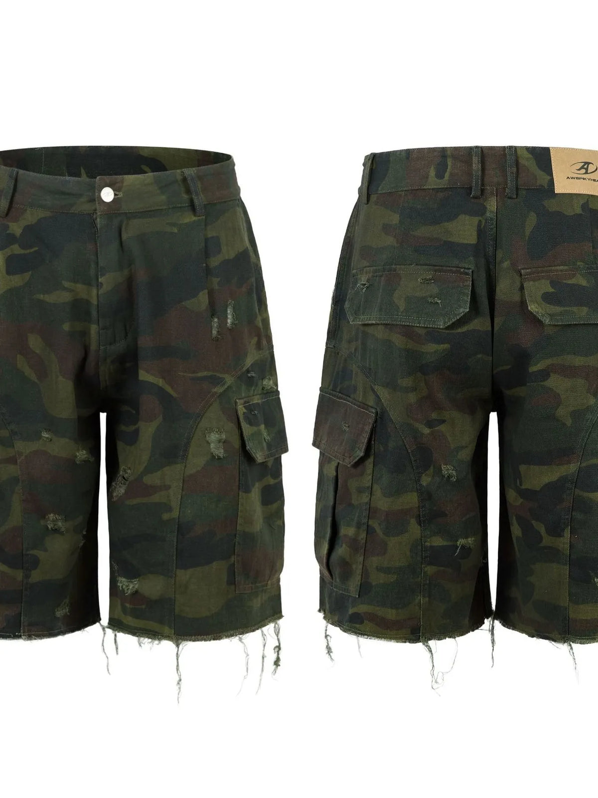 Men's Camouflage Cargo Shorts with Frayed Hem