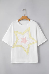 Star Layered Patched Graphic Drop Shoulder Half Sleeve Loose Tee