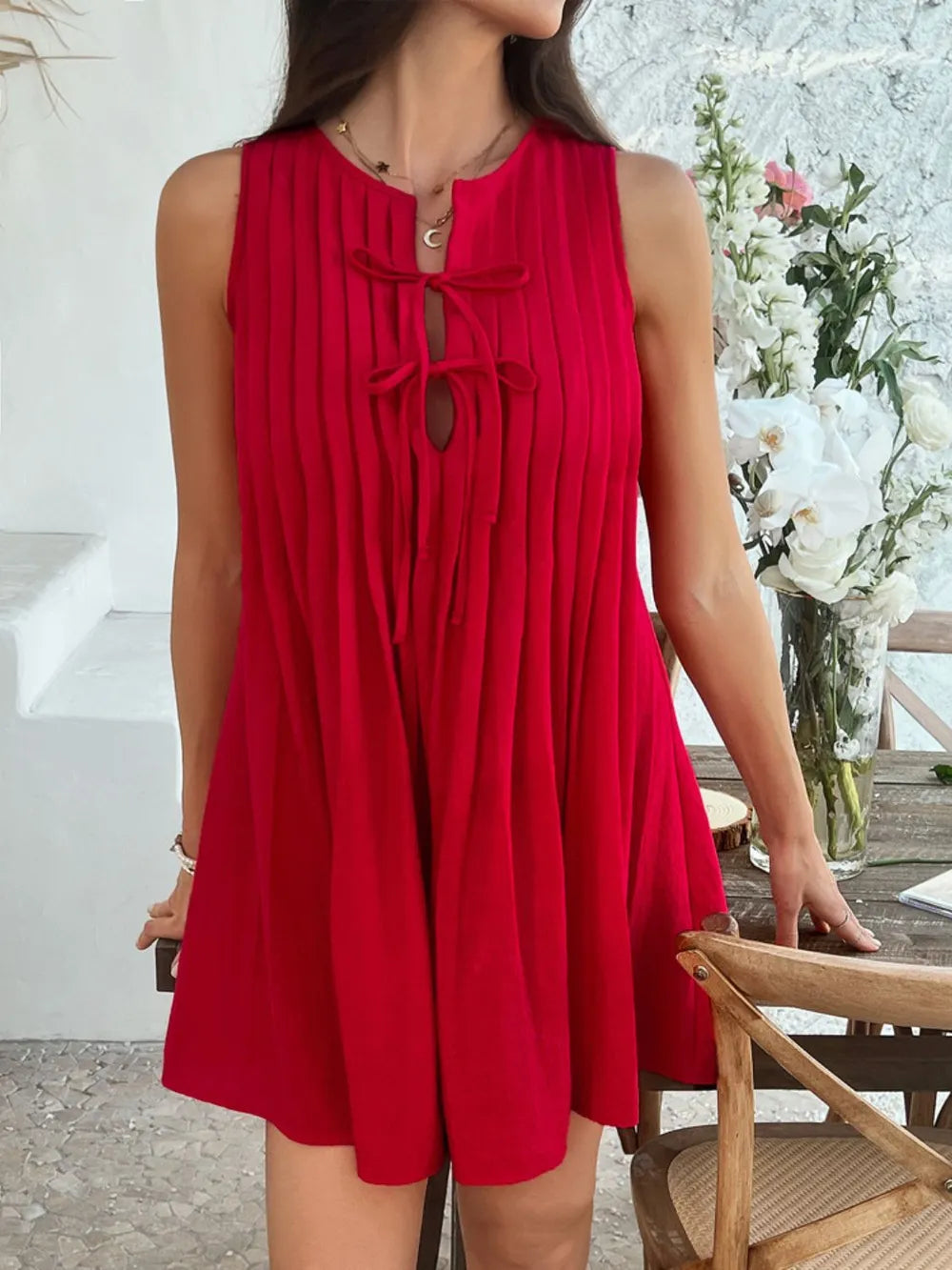 Devine Pleated Sleeveless Mini Dress