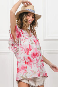 BiBi Floral Print Flutter Sheer Top