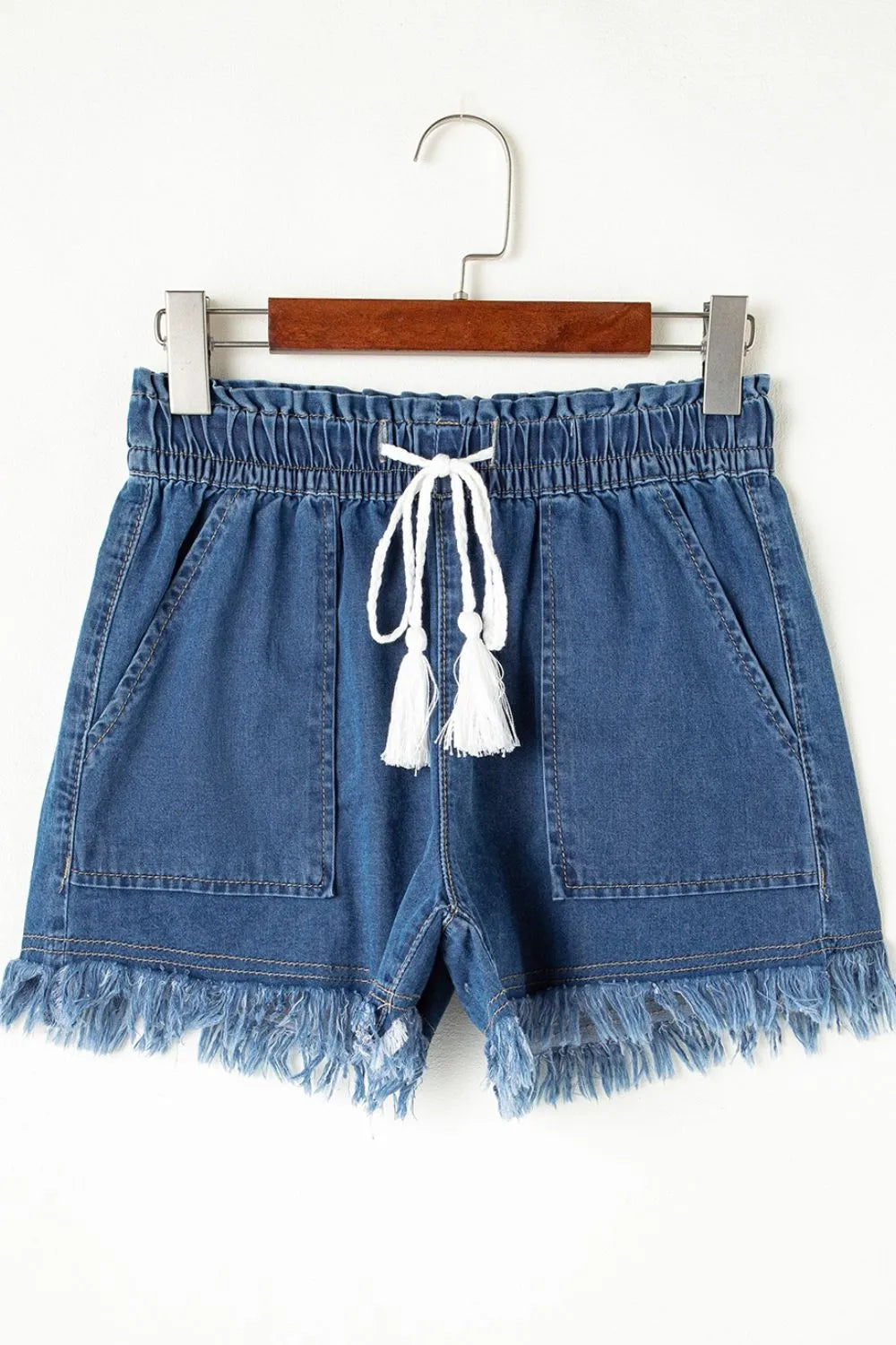 Raw Hem Drawstring High Waist Denim Shorts with Pockets