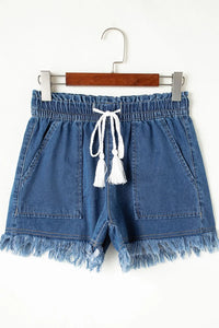 Raw Hem Drawstring High Waist Denim Shorts with Pockets
