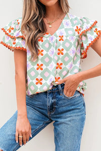 Floral Print V-neck Flutter Sleeve Blouse
