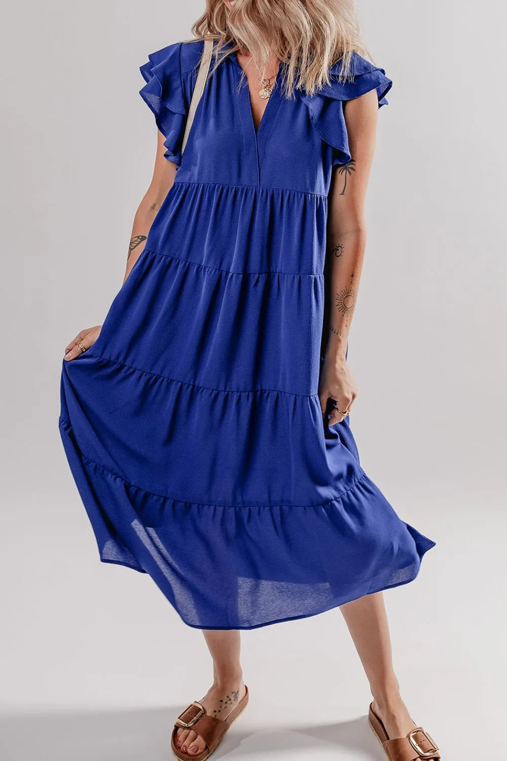 Ruffled Short Sleeve Collared V Neck Tiered Midi Dress