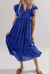 Ruffled Short Sleeve Collared V Neck Tiered Midi Dress