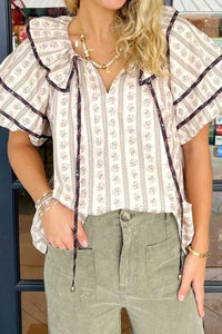 Floral Ruffled Collar Short Puff Sleeve Printed Blouse