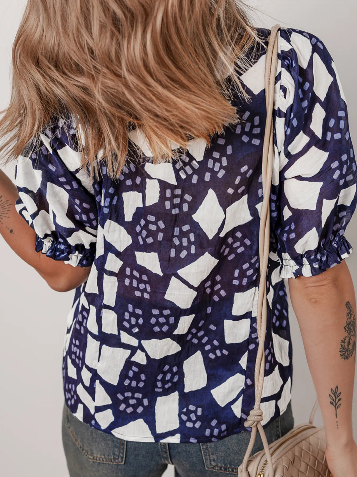 Abstract Print Frilled Puff Sleeve V Neck Blouse